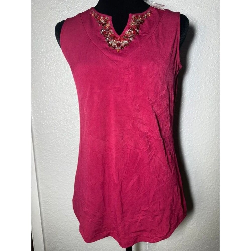 Susan Graver womens blouse V-neck sleeveless beaded knit burgundy XXS